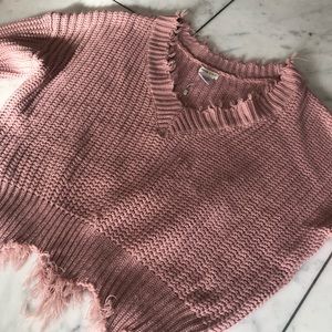 Mauve, distressed sweater.